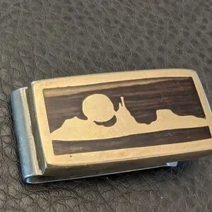 VTG Money Clip Mixed Inlaid Wood Mountain Sky Western Scene Brass Artist Signed