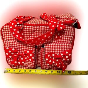 VTG PET CARRIER SMALL DOG PUPPY CAT KITTY RED GINGHAM POLKA DOT LEASH 13x8” CUTE