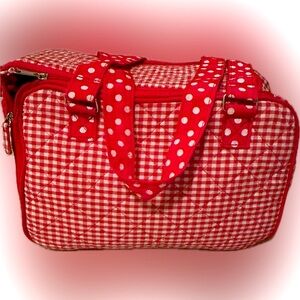 VTG PET CARRIER SMALL DOG PUPPY CAT KITTY RED GINGHAM POLKA DOT LEASH 13x8” CUTE