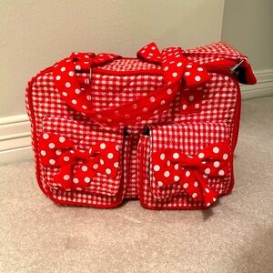 VTG PET CARRIER SMALL DOG PUPPY CAT KITTY RED GINGHAM POLKA DOT LEASH 13x8” CUTE
