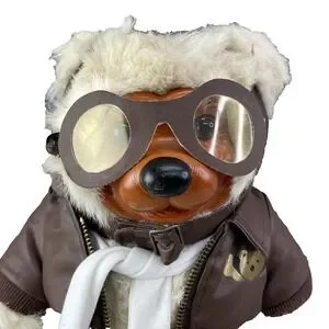 VTG Robert Raikes Lindy Jr. Aviator Teddy Bear Plush Toy Wood Face Collectible