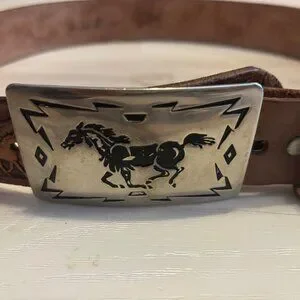 Vtg Tooled Leather Horse Design Belt W/Chambers Belt Co. Buckle USA Western Styl