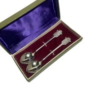 VTG USSR Soviet Volga Silver Gold Plated Cupronickel Melchior Spoon 2pc Gift Box