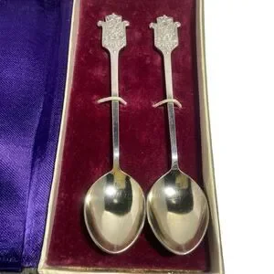 VTG USSR Soviet Volga Silver Gold Plated Cupronickel Melchior Spoon 2pc Gift Box