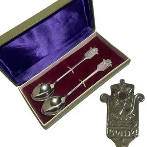 VTG USSR Soviet Volga Silver Gold Plated Cupronickel Melchior Spoon 2pc Gift Box
