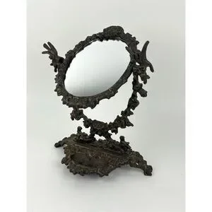 Vtg Victorian Cast Iron Vanity Tabletop Oval Mirror Ornate Swivel Trinket Dish