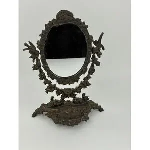 Vtg Victorian Cast Iron Vanity Tabletop Oval Mirror Ornate Swivel Trinket Dish