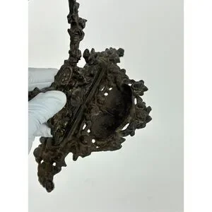 Vtg Victorian Cast Iron Vanity Tabletop Oval Mirror Ornate Swivel Trinket Dish