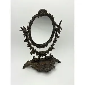 Vtg Victorian Cast Iron Vanity Tabletop Oval Mirror Ornate Swivel Trinket Dish