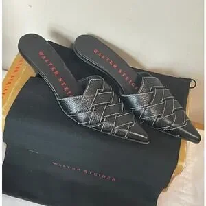 Walter Steiger Pointed Toes Black Leather Mules Woven Kitten Heel Size 5