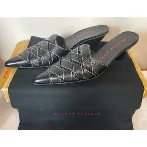 Walter Steiger Pointed Toes Black Leather Mules Woven Kitten Heel Size 5