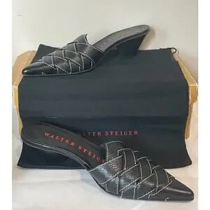 Walter Steiger Pointed Toes Black Leather Mules Woven Kitten Heel Size 5