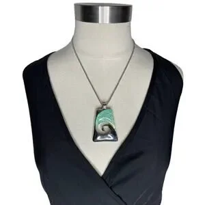Wave Pendant Necklace Silver Tone And Teal