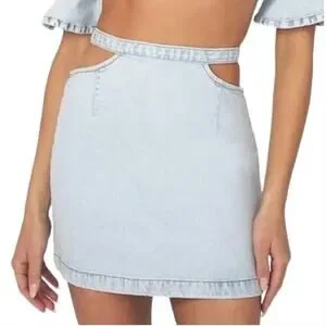 We Wore What Indigo Comfort Skirt Cut Out Sm Super Light Mini Denim Revolve NWT