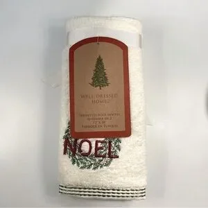 Well Dressed Home Cream Hand Towel With Noel Embroidery Set Of 2 NWT