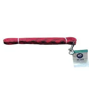 Whisker City Cat Adult Kitten Leash Red Buffalo Plaid Check Silver 6 FT