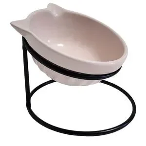 Whiskers & Co Pink Ceramic Cat Feeder Bowl With Tilted And Elevated Metal Base