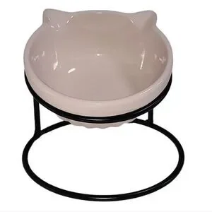 Whiskers & Co Pink Ceramic Cat Feeder Bowl With Tilted And Elevated Metal Base