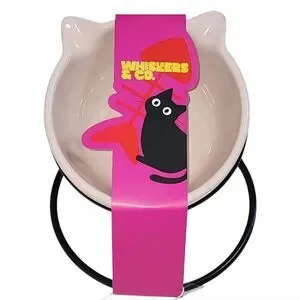 Whiskers & Co Pink Ceramic Cat Feeder Bowl With Tilted And Elevated Metal Base