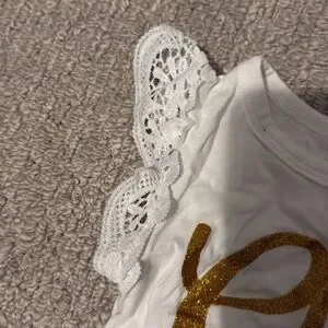 White And Gold Lace Sleeve Baby One Onesie