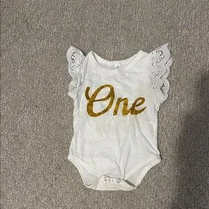 White and Gold Lace Sleeve Baby One Onesie