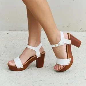 White Ankle Strap Open Toe Block Heels