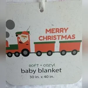 White Baby Blanket With Christmas Train Design