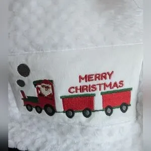White Baby Blanket With Christmas Train Design