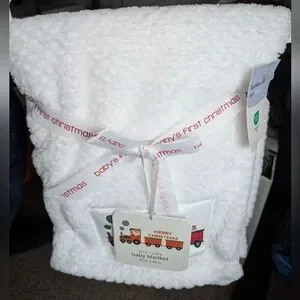 White Baby Blanket with Christmas Train Design