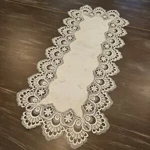 White Lace Cutwork Table Runner 29x13 Embroidered Floral Elegant Dresser Scarf