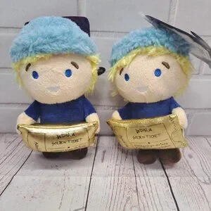 Willy Wonka Chocolate Factory Golden Ticket Boy Pet Toy Squeaker Plush Lot Of 2