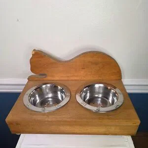 Wooden Elevated Cat Set of Two Metal Feed Bowls