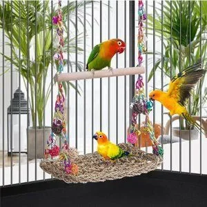 Woven-Seagrass Bird Hammock - Bird Swing Toys W/ Wood Perch