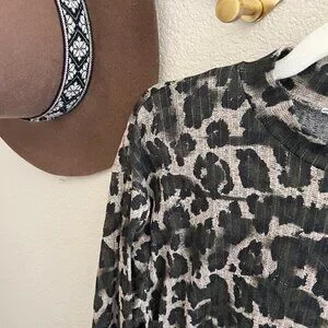 Zara Army Green Ribbed Mesh Cheetah Animal Print Turtleneck Long Sleeve Shirt